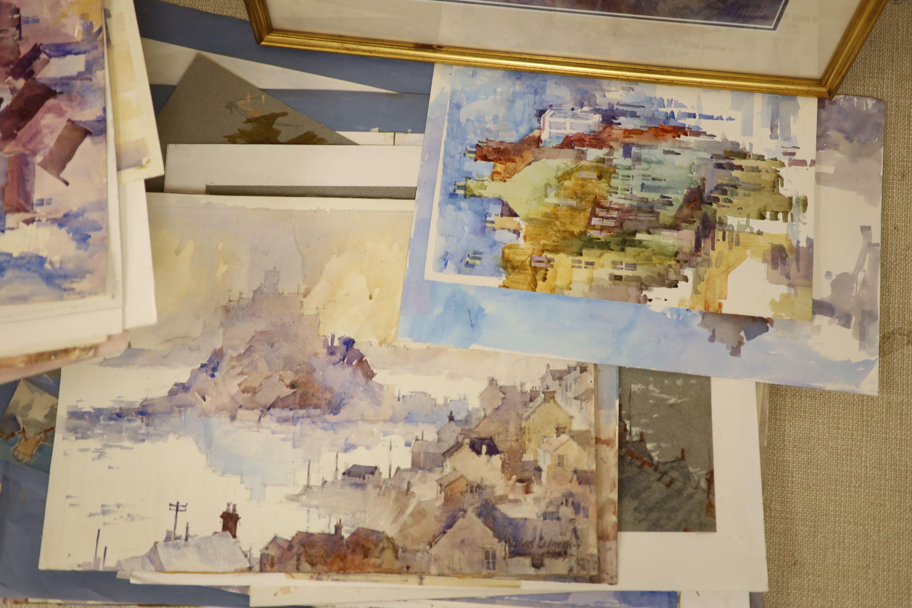 Michael Cadman (1920-2010), a group of assorted watercolours, mostly topographical scenes c.1995 to 2003, largest 46 x 61cm, one framed, the others unframed